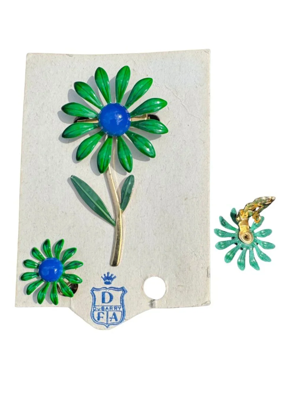 Vintage Dubarry Fifth Avenue Green Enamel Daisy Brooch & Clip Earring Set - Picture 5 of 5